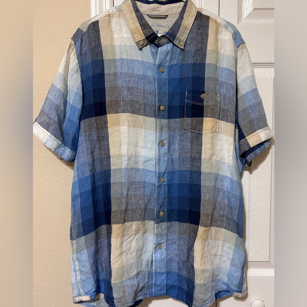 Tommy Bahama Island Modern Fit Plaid Button Down Short Sleeve Linen Shirt Large